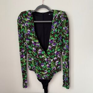 Zara Green and Purple Floral Bodysuit